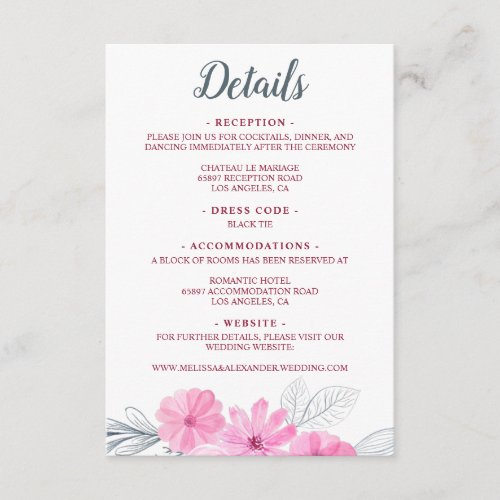 Modern pink grey watercolor flowers spring wedding enclosure card