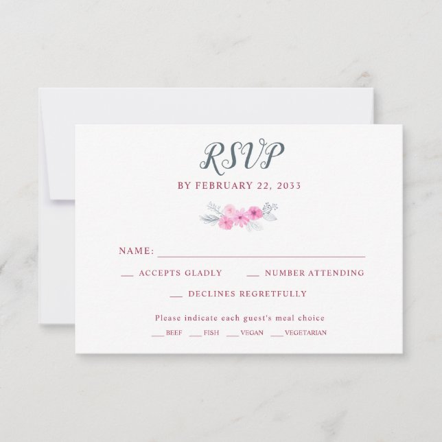 Modern pink grey watercolor flowers spring wedding RSVP card (Front)