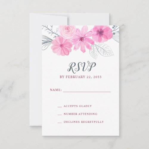 Modern pink grey watercolor flowers spring wedding RSVP card