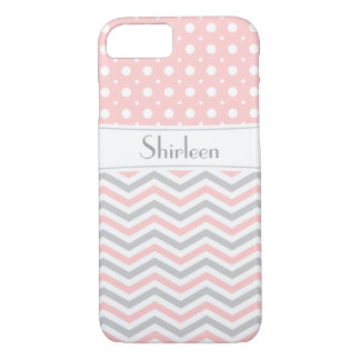 Modern pink, grey, white chevron & polka dot iPhone 8/7 case