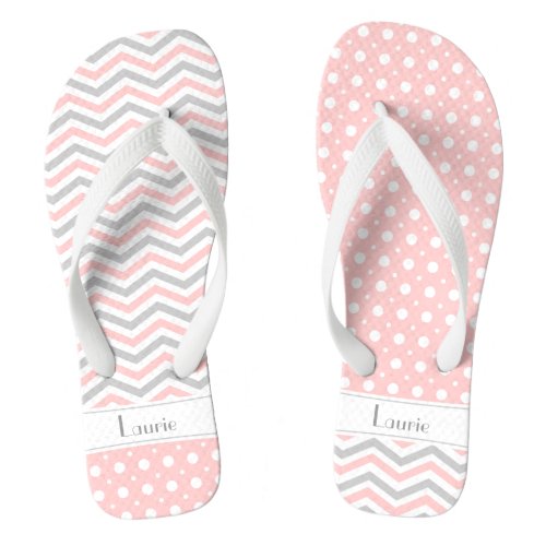 Modern pink grey white chevron  polka dot flip flops