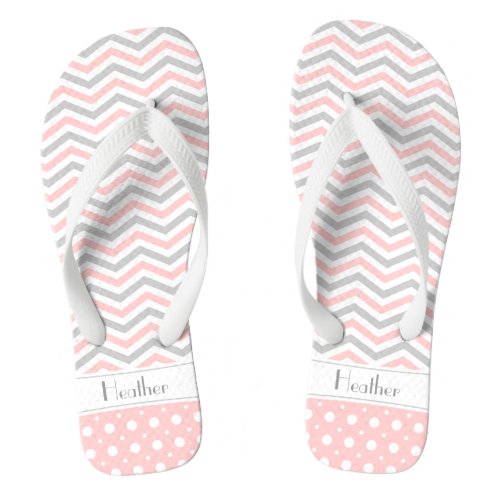 Modern pink grey white chevron  polka dot flip flops