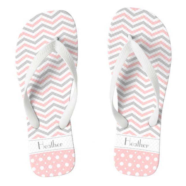 Modern pink, grey, white chevron & polka dot flip flops (Footbed)