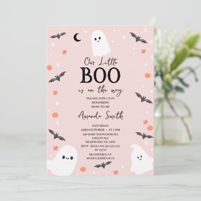 Modern Pink Halloween Little Boo Baby Shower Invitation (Standing Front)