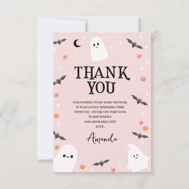 Modern Pink Halloween Little Boo Baby Shower Thank You Card (Front)