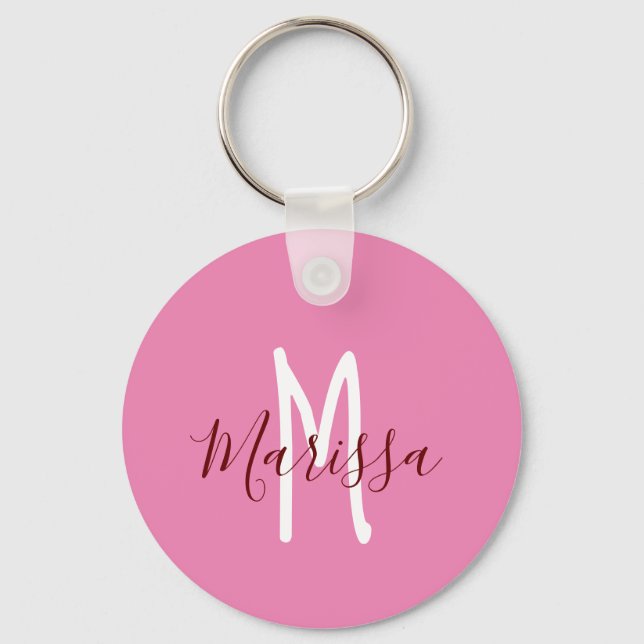 Modern Pink Hand Lettered Name & Monogram Keychain (Front)