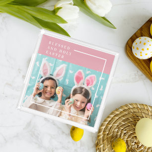 Modern Pink Happy Blessed Easter   Photo Gift Acrylic Tray