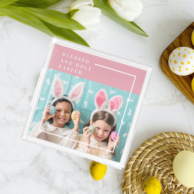 Modern Pink Happy Blessed Easter | Photo Gift Acrylic Tray (Creator Uploaded)