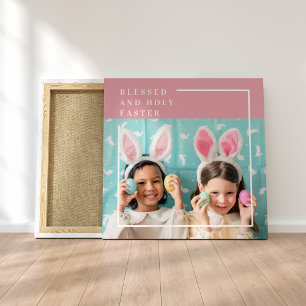Modern Pink Happy Blessed Easter Photo Gift Canvas Print