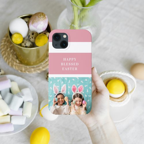 Modern Pink Happy Blessed Easter  Photo Gift iPhone 13 Case