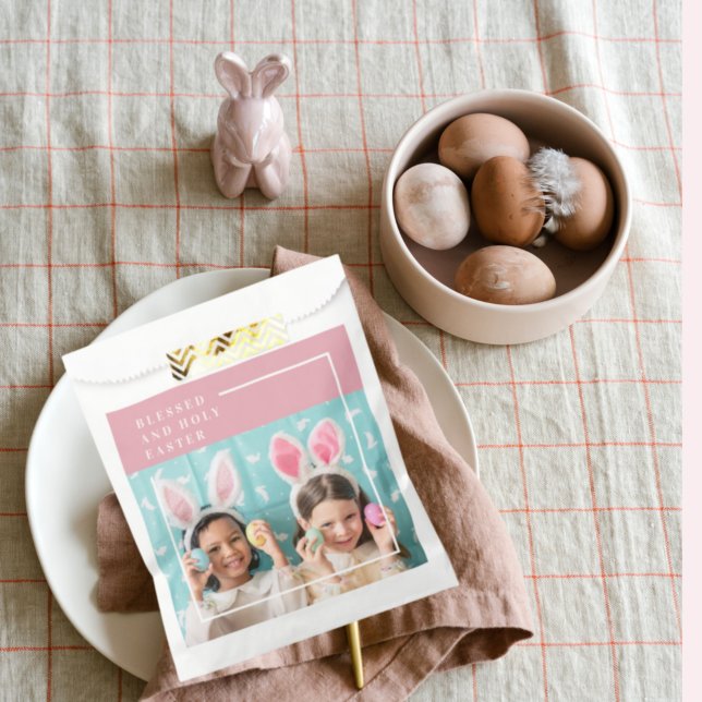 Modern Pink Happy Blessed Easter | Photo Gift Favor Bag (Creator Uploaded)
