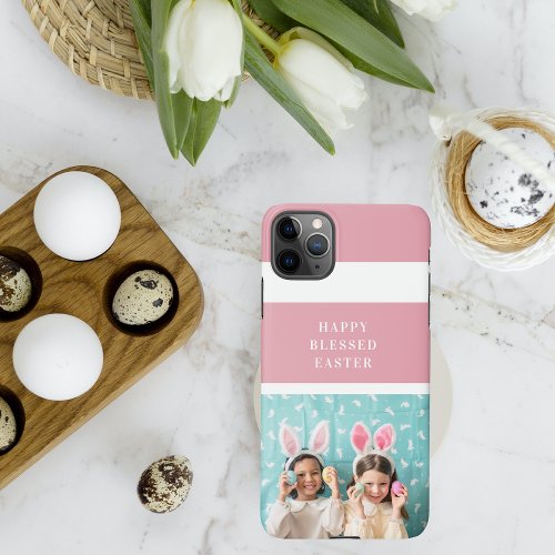 Modern Pink Happy Blessed Easter  Photo Gift iPhone 11Pro Max Case