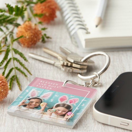 Modern Pink Happy Blessed Easter  Photo Gift Keychain