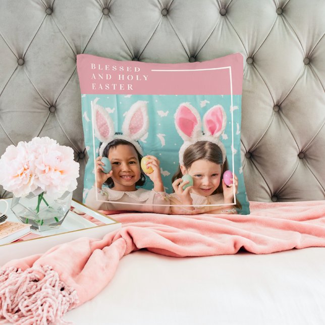Modern Pink Happy Blessed Easter | Photo Gift Throw Pillow (Creator Uploaded)