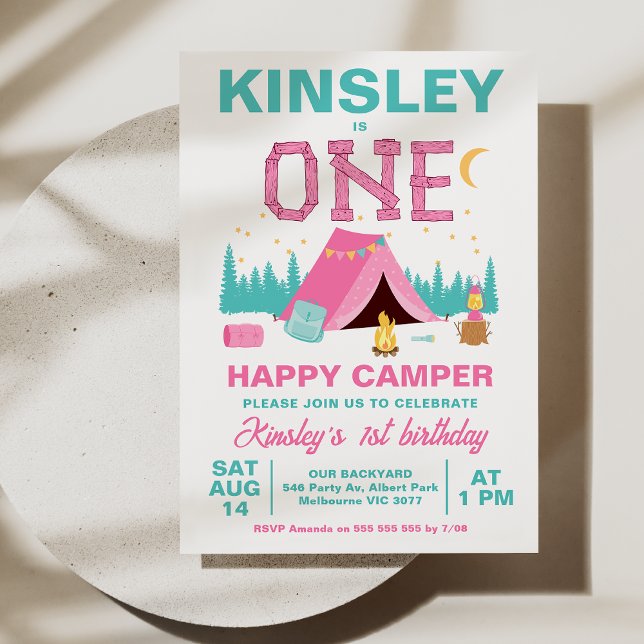 Modern Pink Happy Camper Themed 1st Birthday  Invitation (Baby Girls One Happy Camper 1st Birthday Invitation Template Editable Camping Themed First Birthday )