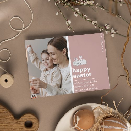 Modern Pink Happy Easter Photo Card With Bunny