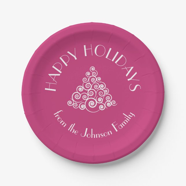 Modern Pink Happy Holidays Christmas  Paper Plates (Front)