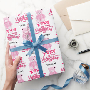 Modern Pink Happy Valentines Day Script Teddy Bear Wrapping Paper