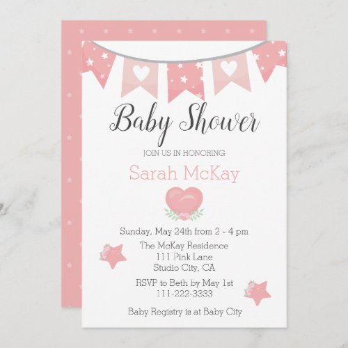 Modern Pink Heart Baby Girl Baby Shower Invitation