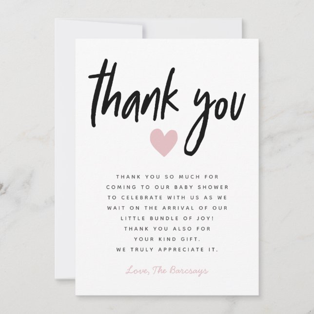 Modern Pink Heart Baby Shower Thank You Card (Front)