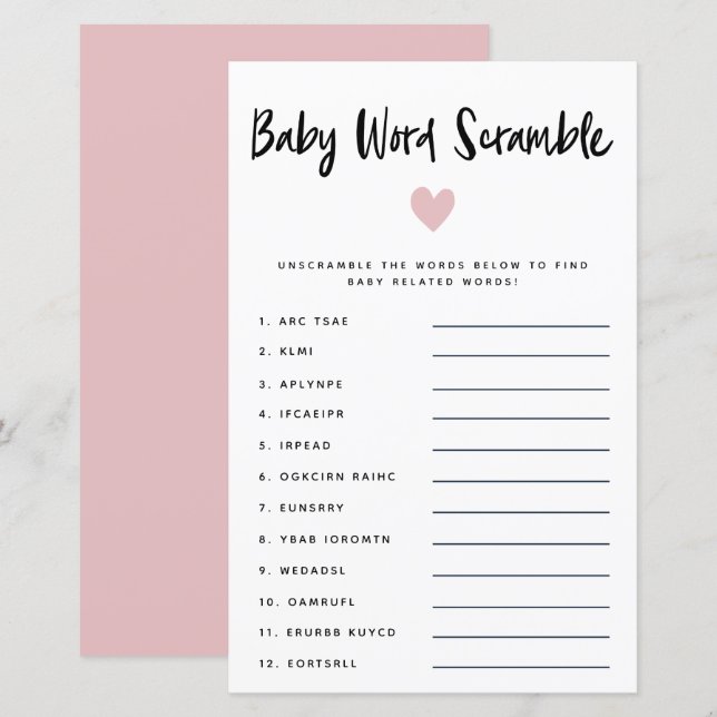 Modern Pink Heart Baby Word Scramble Game  (Front/Back)