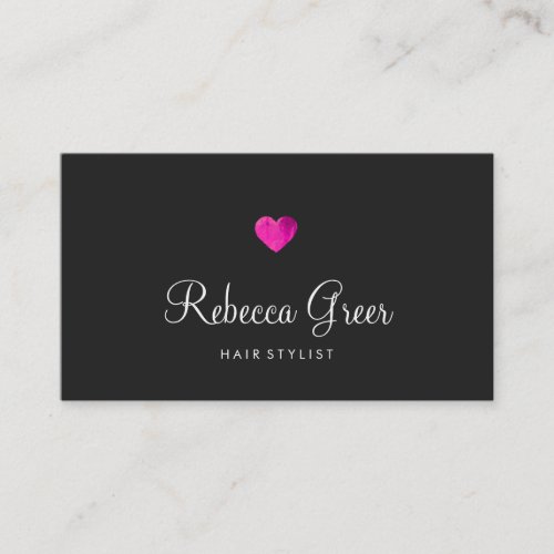 Modern Pink Heart Hair Stylist Black Business Card