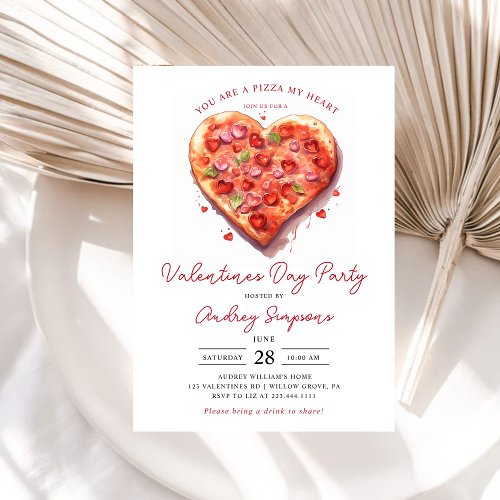 Modern Pink Heart Pizza Valentines Party Invitation