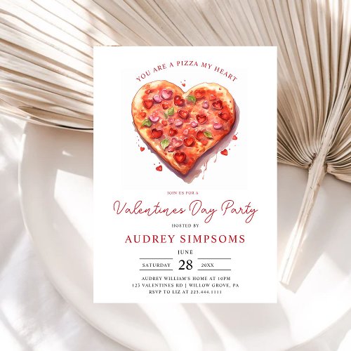 Modern Pink Heart Pizza Valentines Party Invitation