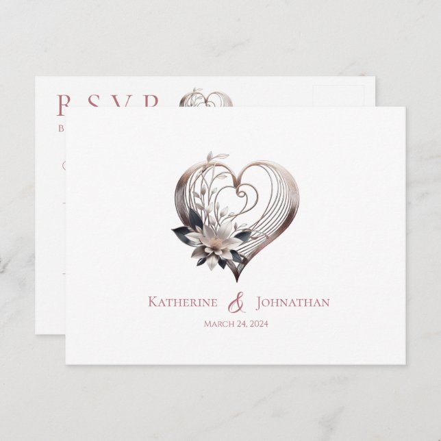 Modern Pink Heart with Flowers-RSVP-Wedding- Postcard (Front/Back)