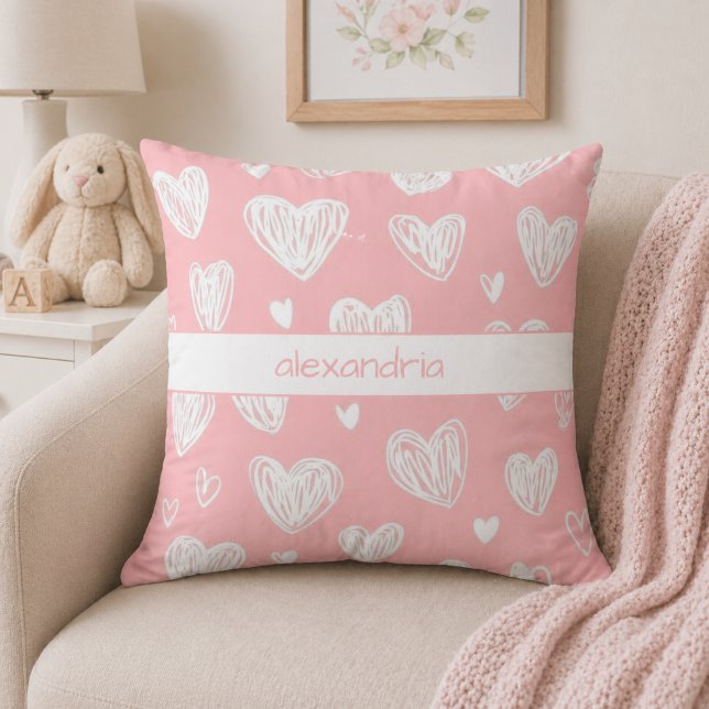 Modern Pink Hearts Monogram  Throw Pillow (Creator Uploaded)