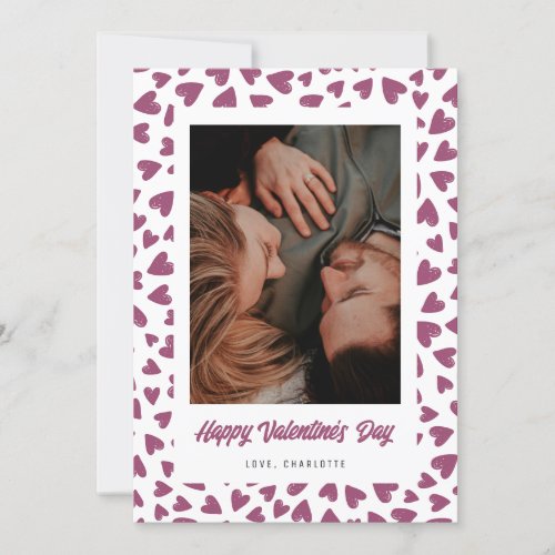 Modern Pink Hearts Photo Valentines Day Holiday Card