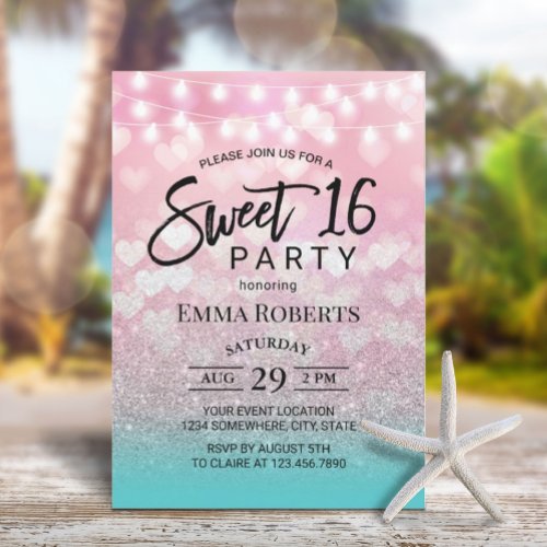 Modern Pink Hearts Teal Silver Ombre Sweet 16 Invitation