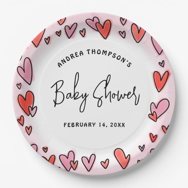 Modern Pink Hearts Valentine Baby Shower Paper Plates (Front)