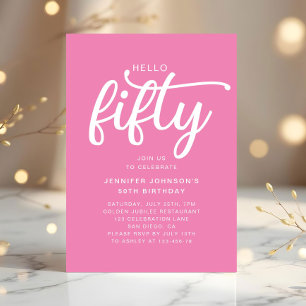 Modern Pink Hello 50th Birthday Invitation