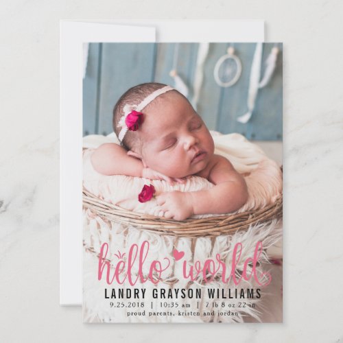 Modern Pink Hello World Photo Birth Stat Announcement