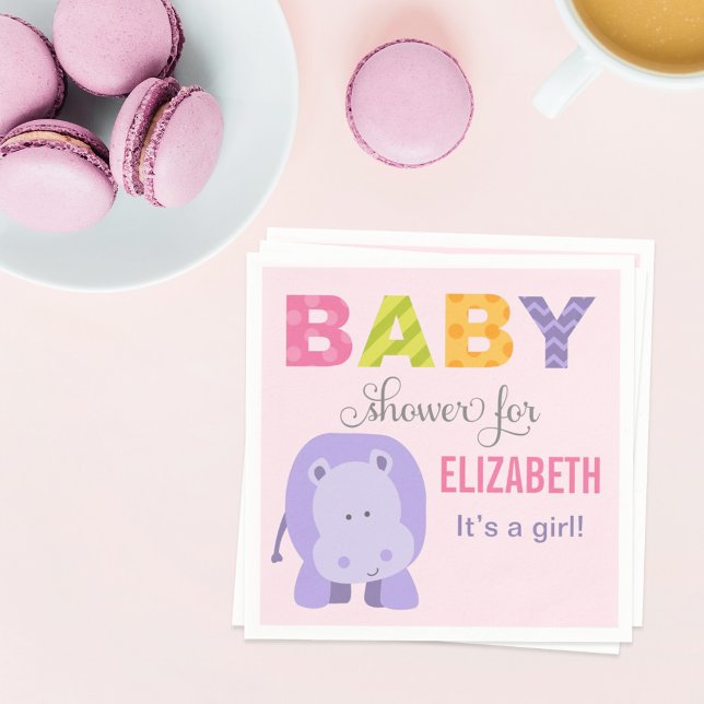 Modern Pink Hippo Jungle Animal Girl Baby Shower Paper Napkins (Creator Uploaded)