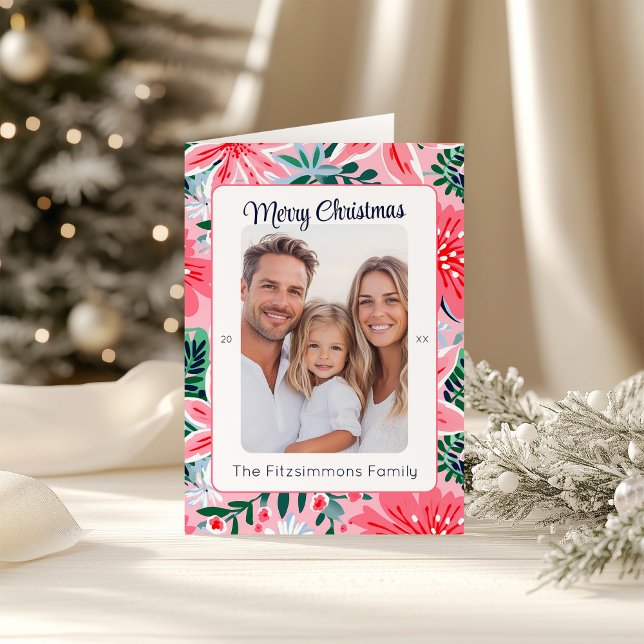 Modern Pink Holiday Floral Photo (Pink Tropical Floral Folded  Christmas Card)
