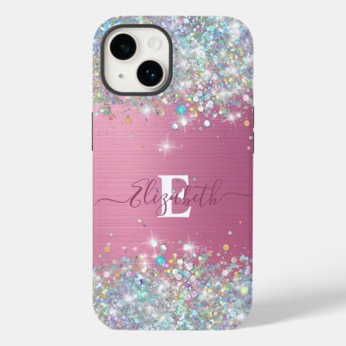 Modern Pink Holographic Faux Glitter Monogram Case_Mate iPhone 14 Case
