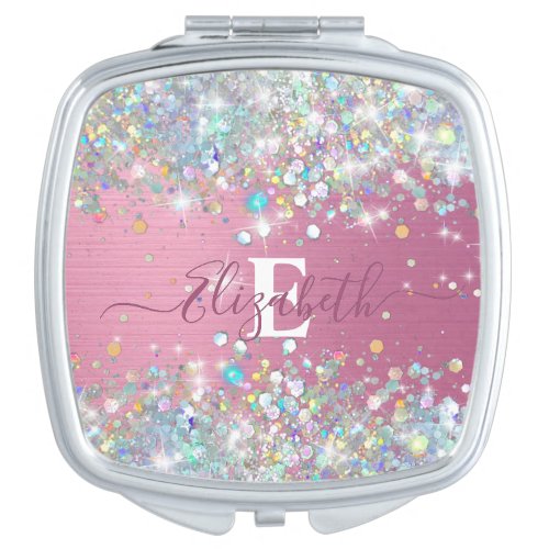 Modern Pink Holographic Faux Glitter Monogram Compact Mirror