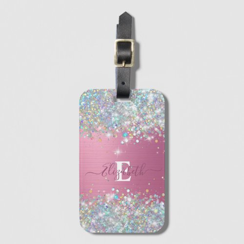 Modern Pink Holographic Faux Glitter Monogram Luggage Tag
