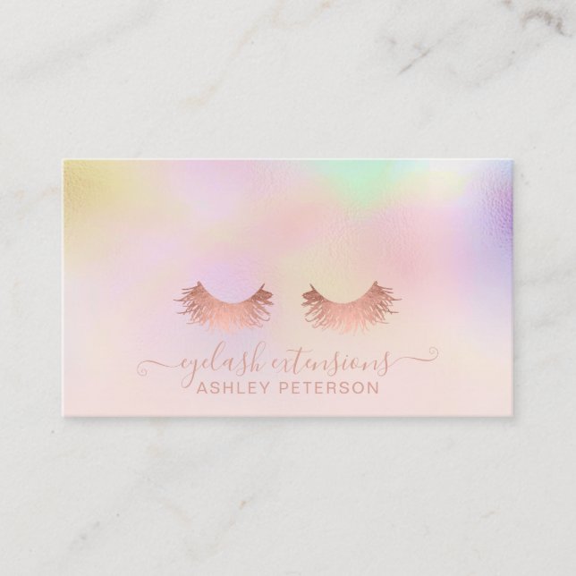 Modern pink holographic ombre blush pink eyelash business card (Front)