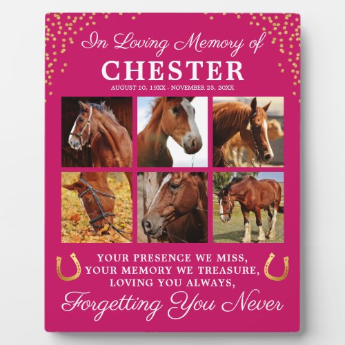 Modern Pink Horse Sympathy Plaque - Personalized pink horse photo plaque featuring 6 precious pictures of your beloved pet animal, gold horseshoes & glitter, the text "in loving memory of", your horses name, birth/death dates, and the sympathy quote "your presence we miss, your memory we treasure, loving you always, forgetting you never".