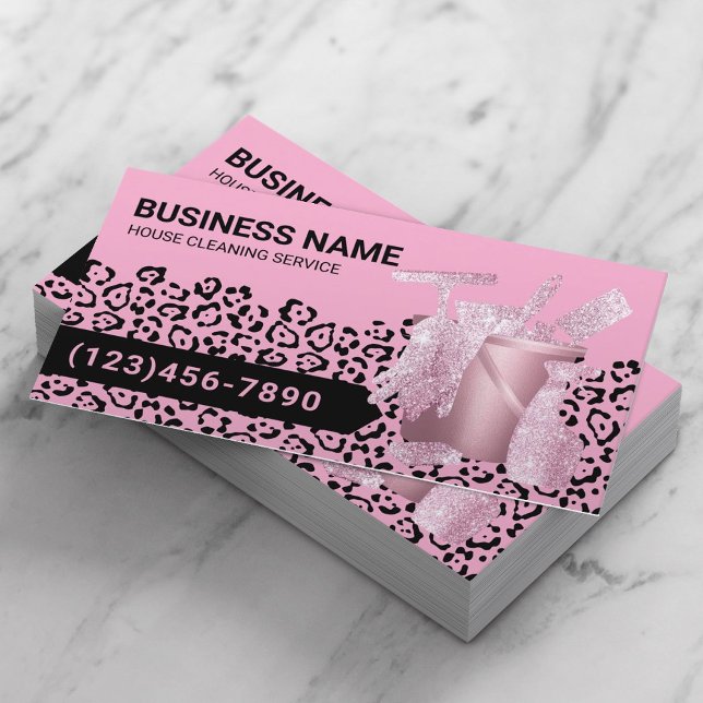 Modern Pink House Cleaning Service Leopard Print Business Card (Creator Uploaded)