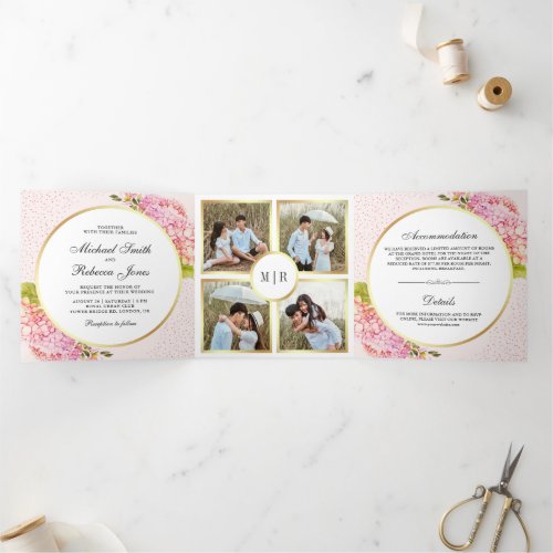 Modern Pink Hydrangea Floral Photo Collage Wedding Tri_Fold Invitation