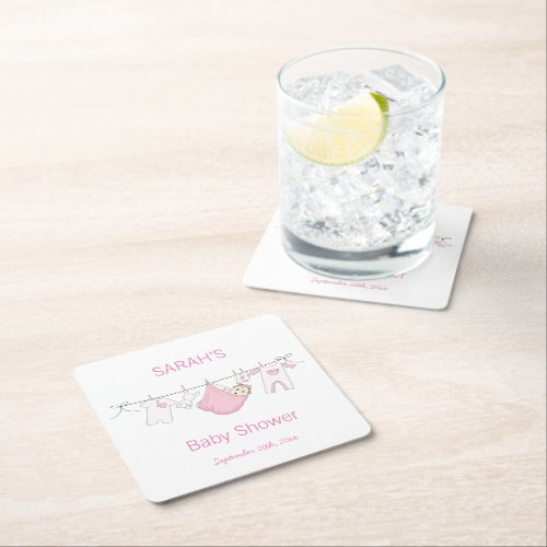 Modern Pink illustration Clothesline Baby Shower Square Paper Coaster