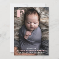 Modern Pink Initial Introducing New Baby Photo Announcement