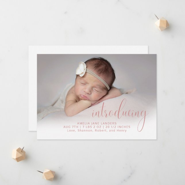 Modern Pink Introducing Photo Script Simple Birth Announcement (Front/Back In Situ)