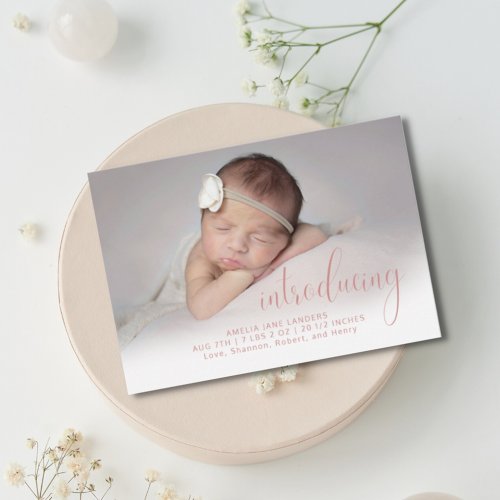 Modern Pink Introducing Photo Script Simple Birth Announcement