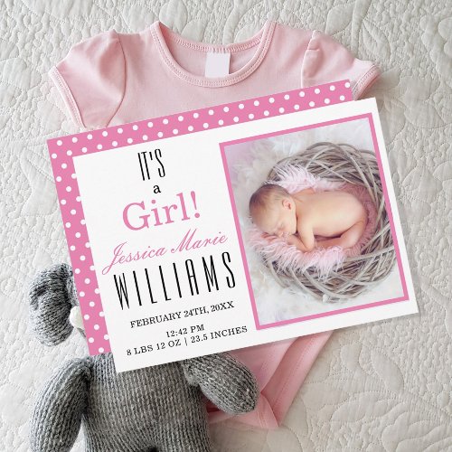 Modern Pink Its a Girl Baby Birth Announcement  