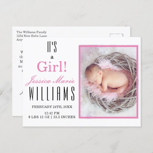 Modern Pink Its a Girl Baby Birth Announcement  Postcard